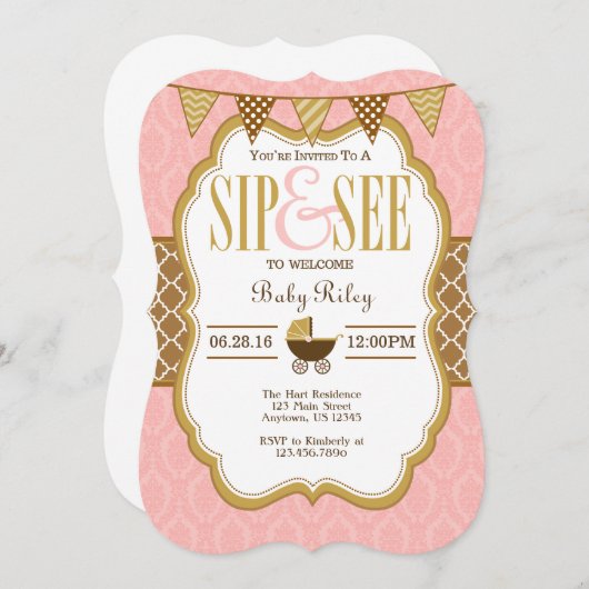 Roze bruin goudslijp en zie uitnodiging (Voorkant / Achterkant)