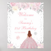 Roze Bruin Haar Meisje Verjaardagsfeestje Welkom Poster (Voorkant)