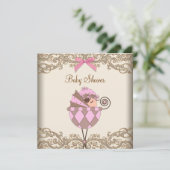 Roze Bruin Kant Meisje Baby shower Kaart (Staand voorkant)