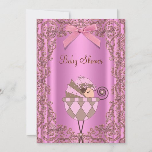 Roze Bruin Kant Meisje Baby shower Kaart (Voorkant)