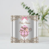 Roze Bruin Kant Meisje Baby shower Kaart (Staand voorkant)