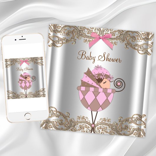 Roze Bruin Kant Meisje Baby shower Kaart