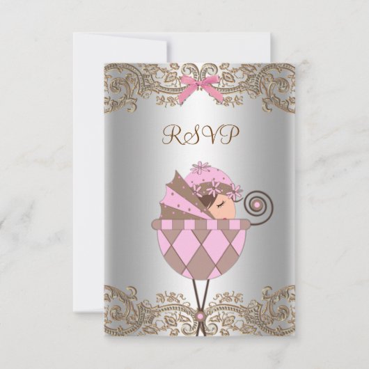 Roze Bruin Kant Meisje Baby shower RSVP (Voorkant)