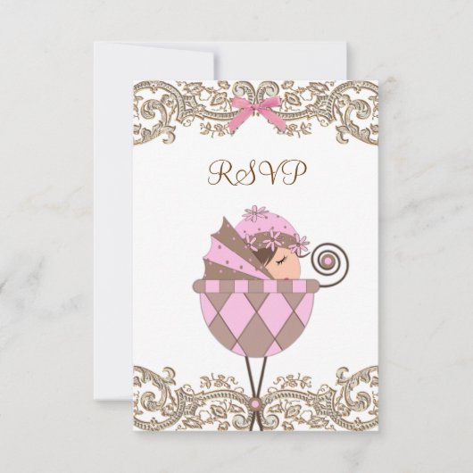 Roze Bruin Kant Meisje Baby shower RSVP (Voorkant)