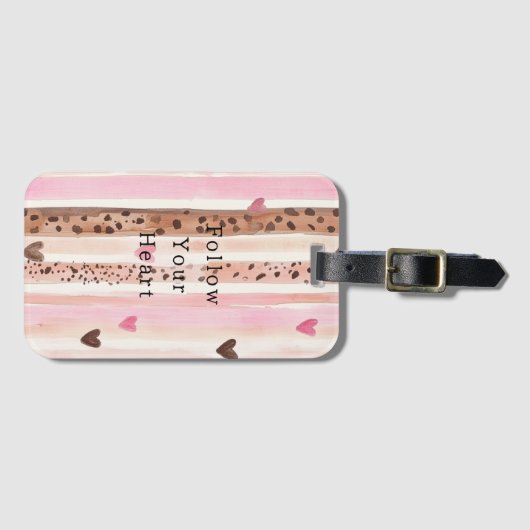 Roze Bruin Luipaard Print Harten Strepen Bagagelabel (Voorkant (horizontaal))