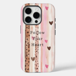 Roze Bruin Luipaard Print Harten Strepen iPhone 16 Pro Hoesje
