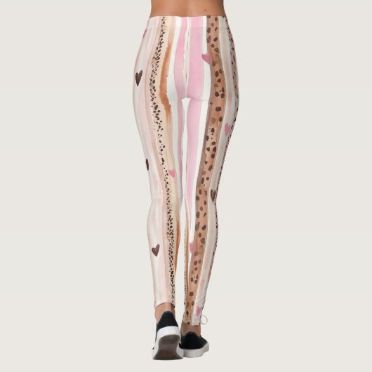 Roze Bruin Luipaard Print Harten Strepen Leggings (Achterkant)