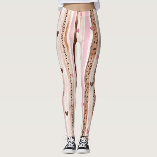 Roze Bruin Luipaard Print Harten Strepen Leggings (Voorkant)
