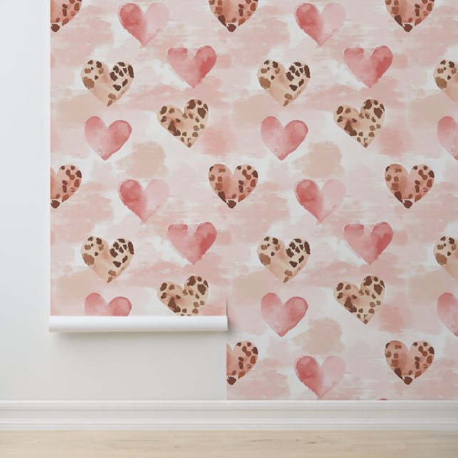 Roze Bruin Luipaard Print Hearts Behang (Applicatie)