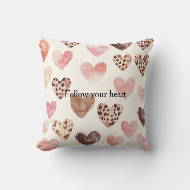 Roze Bruin Luipaard Print Hearts Kussen (Voorkant)