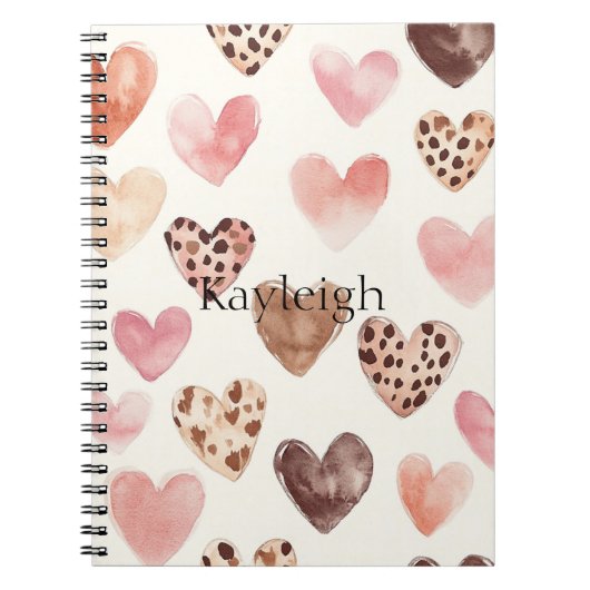 Roze Bruin Luipaard Print Hearts Notitieboek (Voorkant)