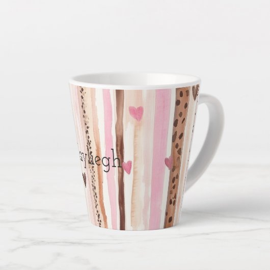 Roze Bruin Luipaard Print Hearts Stripes Verjaarda Latte Mok (Rechterhoek)