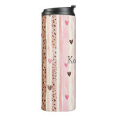 Roze Bruin Luipaard Print Hearts Stripes Verjaarda Thermosbeker (Gedraaid links)