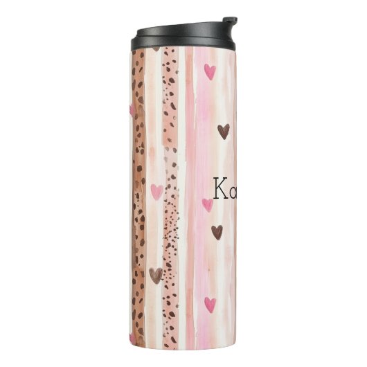 Roze Bruin Luipaard Print Hearts Stripes Verjaarda Thermosbeker (Gedraaid links)