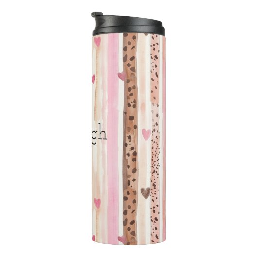Roze Bruin Luipaard Print Hearts Stripes Verjaarda Thermosbeker (Geroteerd rechts)