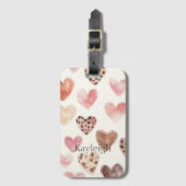 Roze Bruin Luipaard Print Hearts Verjaardag Bagagelabel (Voorkant (verticaal))