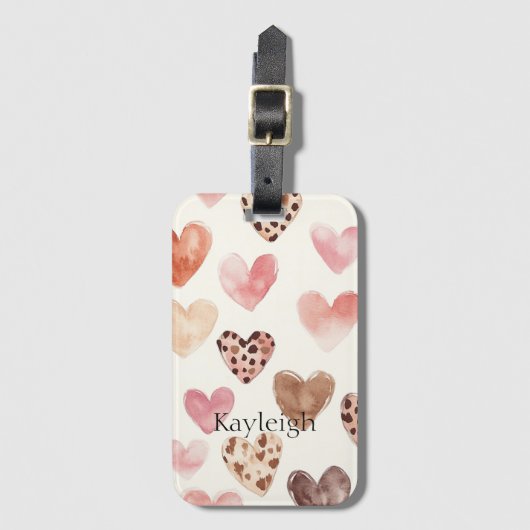 Roze Bruin Luipaard Print Hearts Verjaardag Bagagelabel (Voorkant (verticaal))
