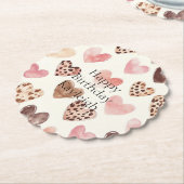 Roze Bruin Luipaard Print Hearts Verjaardag Kartonnen Onderzetters (Gekanteld)