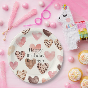 Roze Bruin Luipaard Print Hearts Verjaardag Papieren Bordje