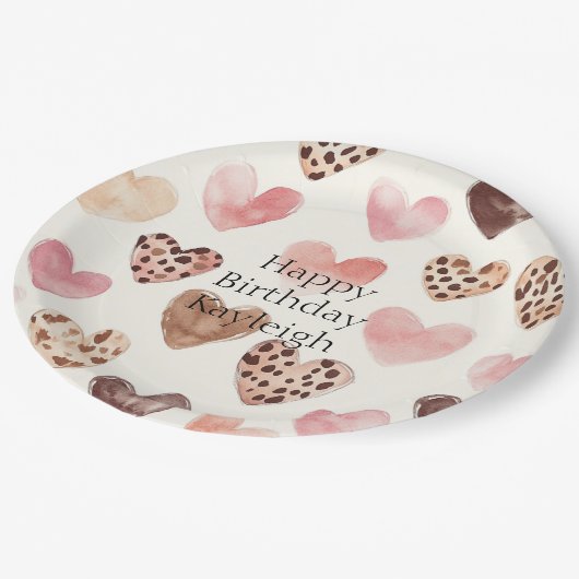 Roze Bruin Luipaard Print Hearts Verjaardag Papieren Bordje (Gekanteld)