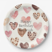 Roze Bruin Luipaard Print Hearts Verjaardag Papieren Bordje (Voorkant)