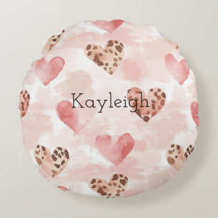 Roze Bruin Luipaard Print Hearts Verjaardag Rond Kussen