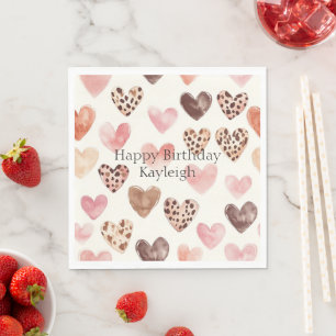 Roze Bruin Luipaard Print Hearts Verjaardag Servet
