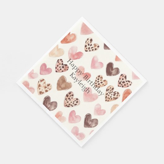Roze Bruin Luipaard Print Hearts Verjaardag Servet (Hoek)