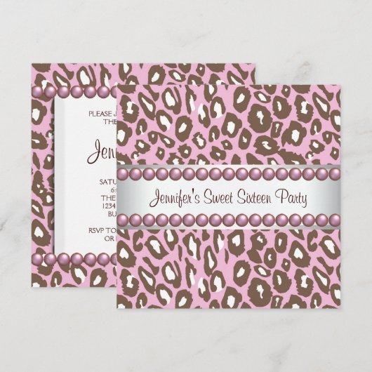 Roze Bruin Luipaard Sweet 16 Party Kaart (Voorkant / Achterkant)