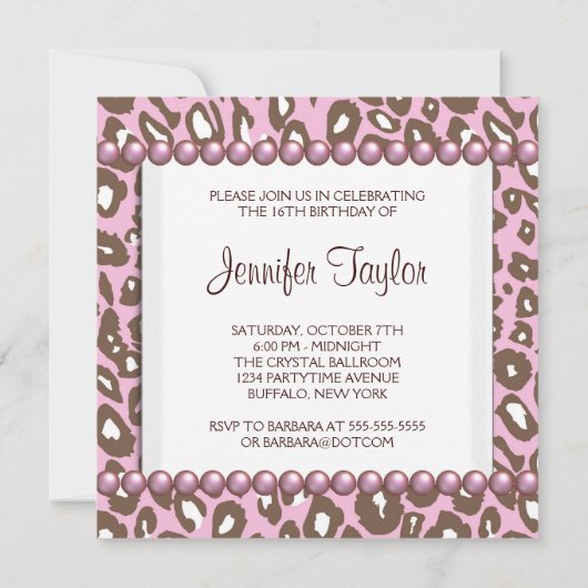 Roze Bruin Luipaard Sweet 16 Party Kaart (Achterkant)