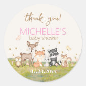 Roze Bruin Meisje Waterverf Woodland Animals Ronde Sticker (Voorkant)