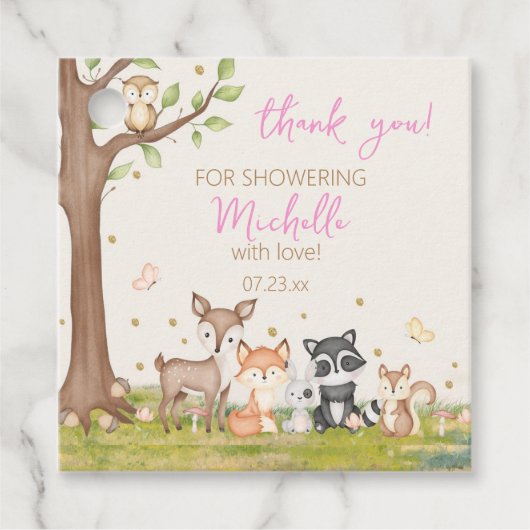 Roze Bruin Meisje Woodland Dieren Vierkant Bedankjes Labels (Voorkant)