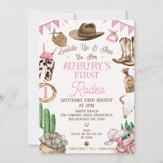 Roze Bruin Meisjes Eerste Rodeo 1e Verjaardag Kaart (Voorkant)