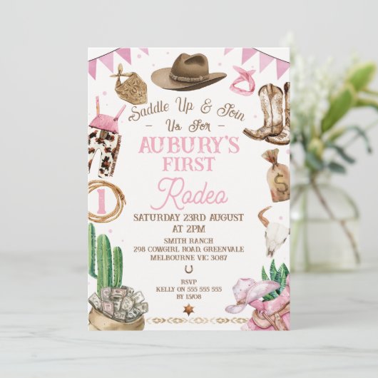 Roze Bruin Meisjes Eerste Rodeo 1e Verjaardag Kaart (Staand voorkant)