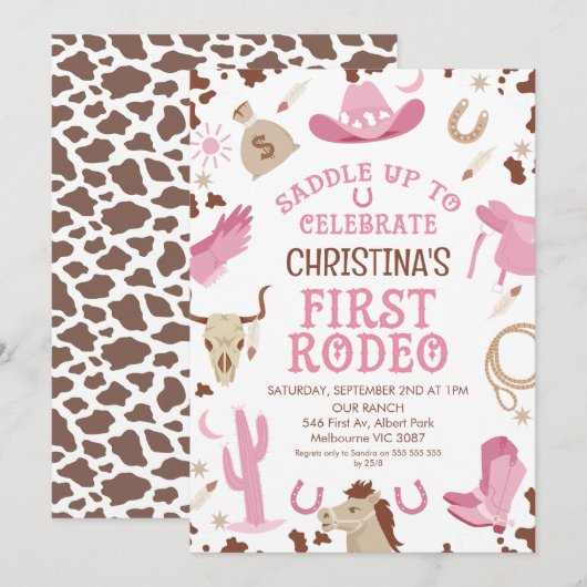 Roze Bruin Meisjes Paard Eerste Rodeo 1e Verjaarda Kaart (Voorkant / Achterkant)