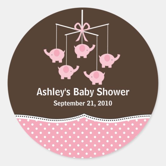 Roze & Bruin Olifant Mobiel Baby shower Ronde Sticker (Voorkant)