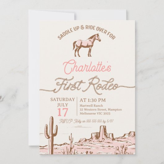  Roze Bruin Paard Eerste Rodeo 1e Verjaardag Kaart (Voorkant)