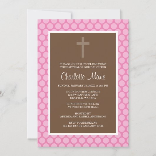 Roze bruin polaire dot Cross Baptisme Christening Kaart (Voorkant)