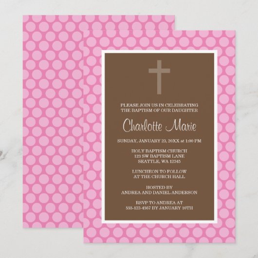 Roze bruin polaire dot Cross Baptisme Christening Kaart (Voorkant / Achterkant)