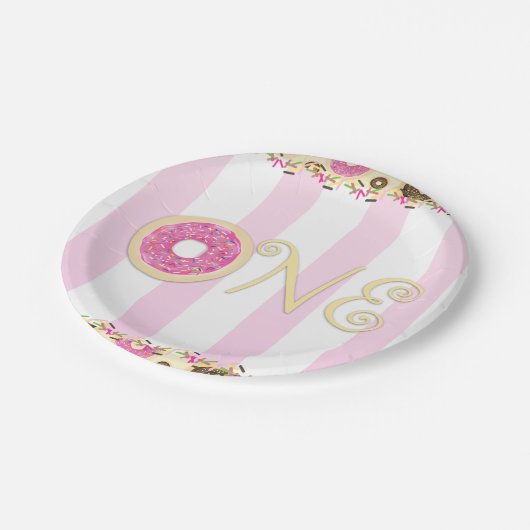 Roze Bruin Sprinkle Donuts EEN 1E verjaardagsfeest Papieren Bordje (Gekanteld)