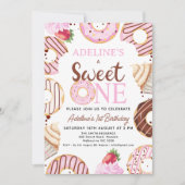 Roze Bruin Sweet One Donut Verjaardag uitnodiging (Voorkant)