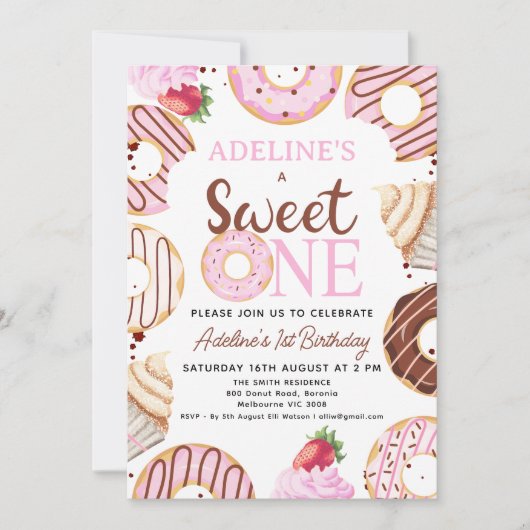 Roze Bruin Sweet One Donut Verjaardag uitnodiging (Voorkant)