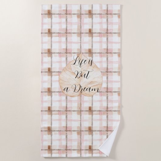 Roze Bruin Witte Plaid Strepen Blad Strandlaken (Voorkant)