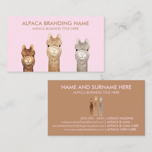 Roze bruine alpaca Dier Visitekaartje (Voorkant / Achterkant)