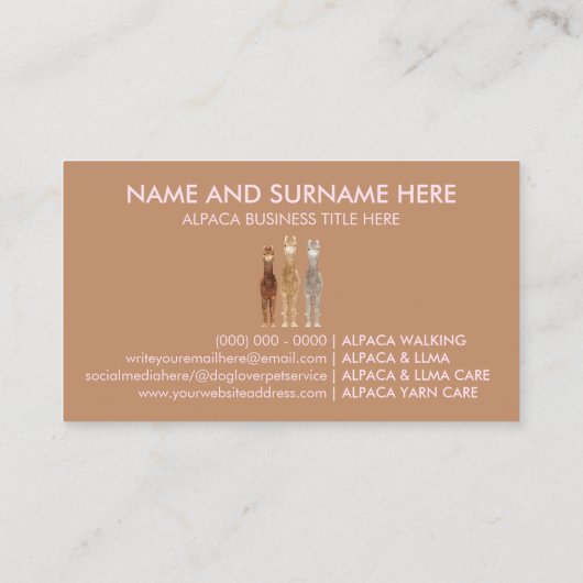 Roze bruine alpaca Dier Visitekaartje (Achterkant)