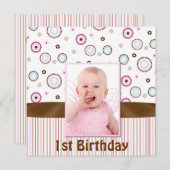 Roze & bruine baby's Foto eerste uitnodiging van e (Voorkant / Achterkant)