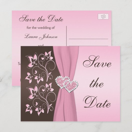 Roze, Bruine Bloemen Harten Save the Date Kaart (Voorkant / Achterkant)
