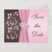 Roze, Bruine Bloemen Harten Save the Date Kaart (Voorkant)
