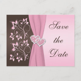 Roze, Bruine Bloemen Harten Save the Date Kaart