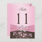 Roze, Bruine Bloemen, Harten Tafelnummer Post Kaar (Voorkant / Achterkant)